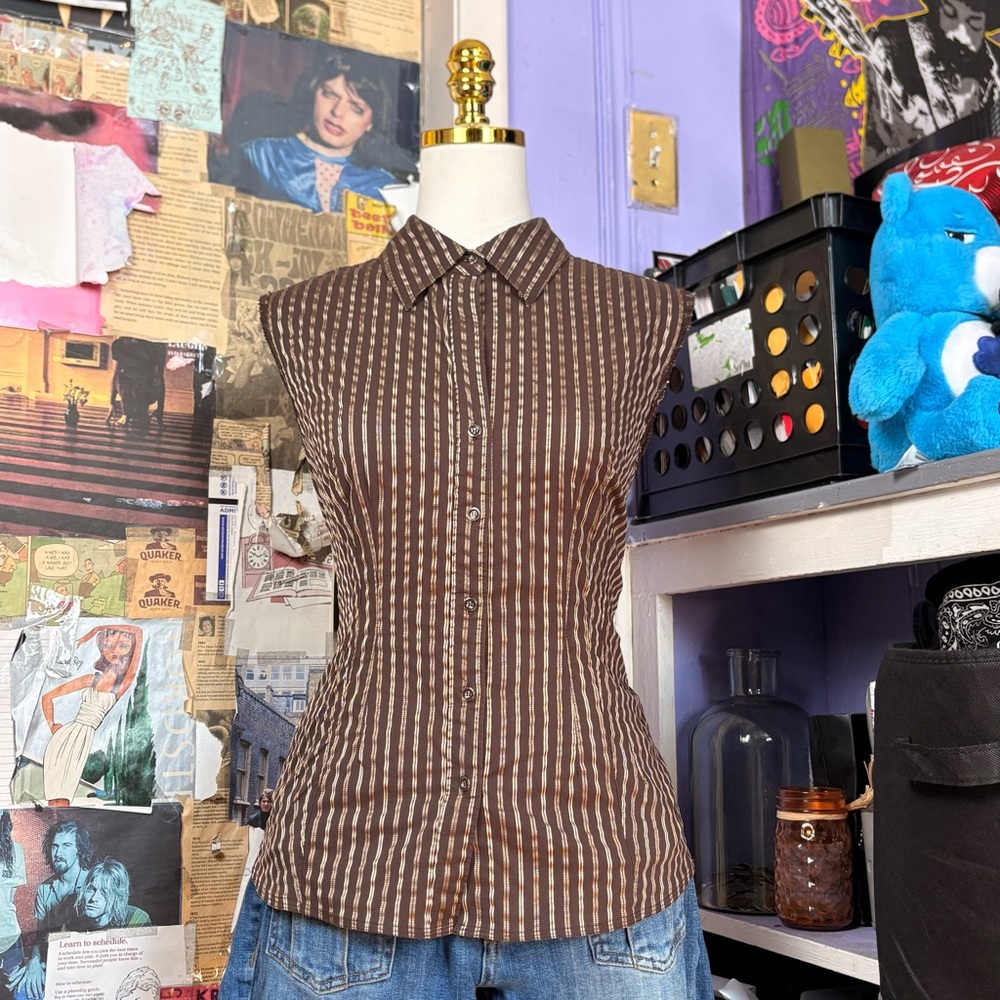 APT. 9 Brown Striped Sleeveless Button-Up Top